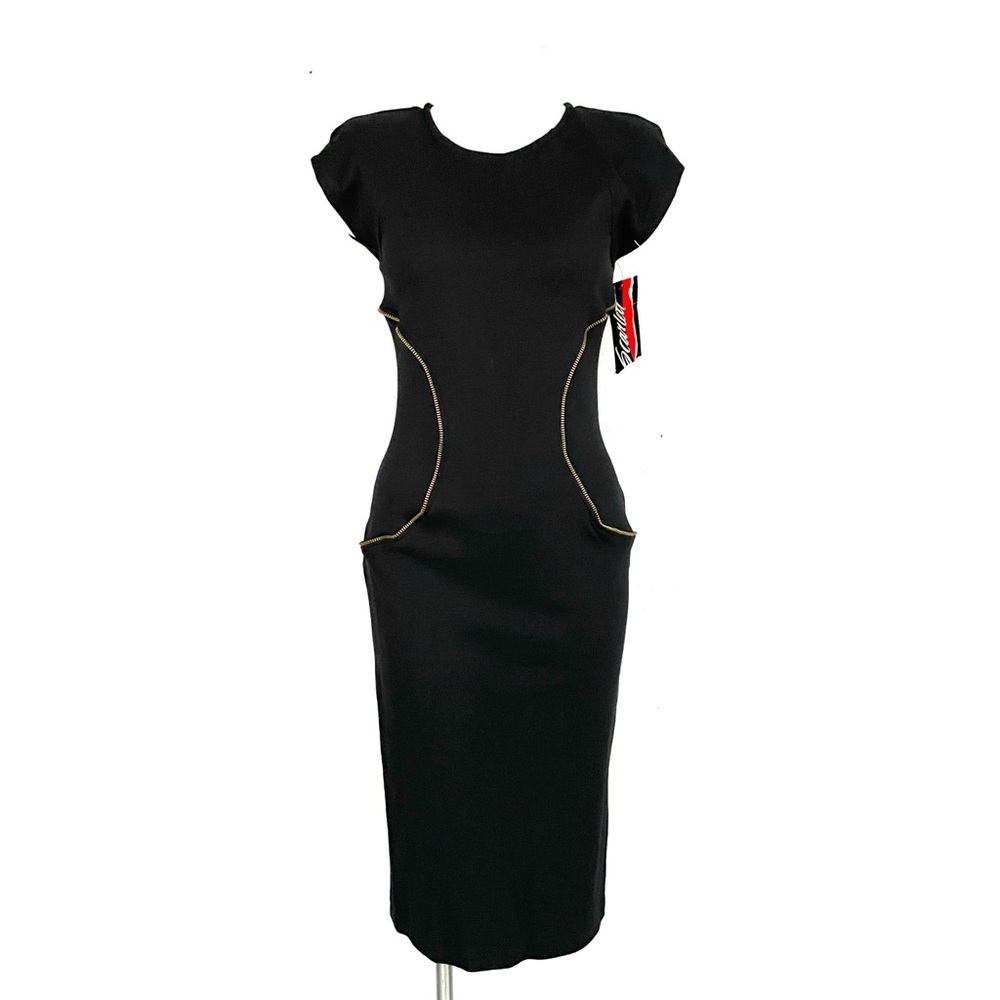 80s Glam Punk Little Black Cap Sleeve Pencil Dress with Zipper Detail ILGWU